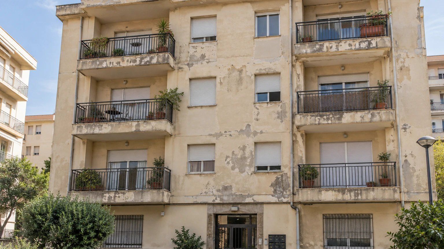 Fachada de un edificio de viviendas de cuatro plantas con la pintura desconchada y manchas en balcones y paredes