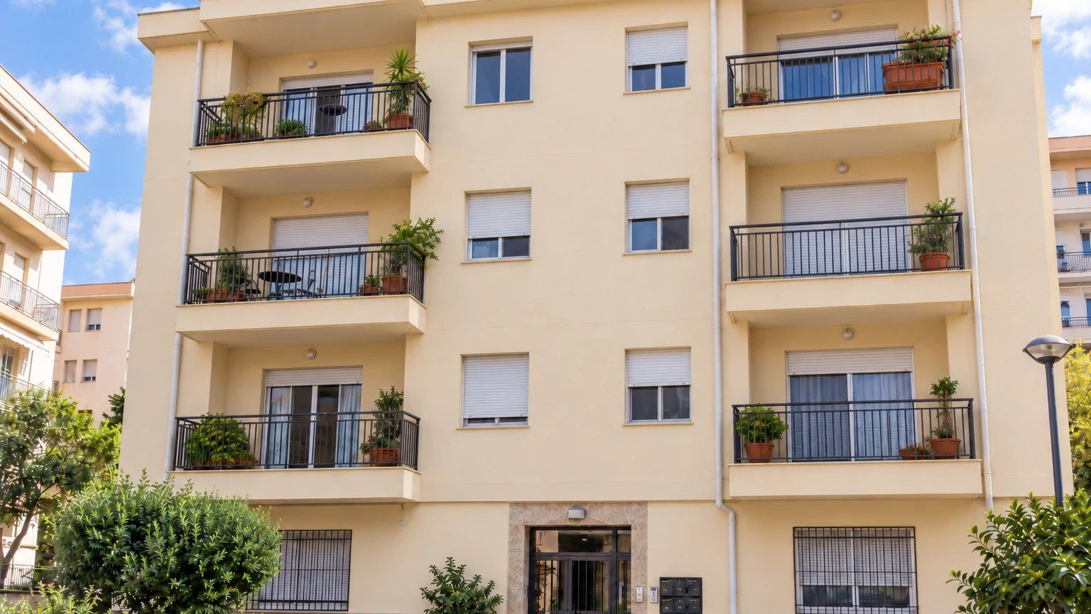 La misma fachada recién pintada en color crema, con los frentes de los balcones saneados