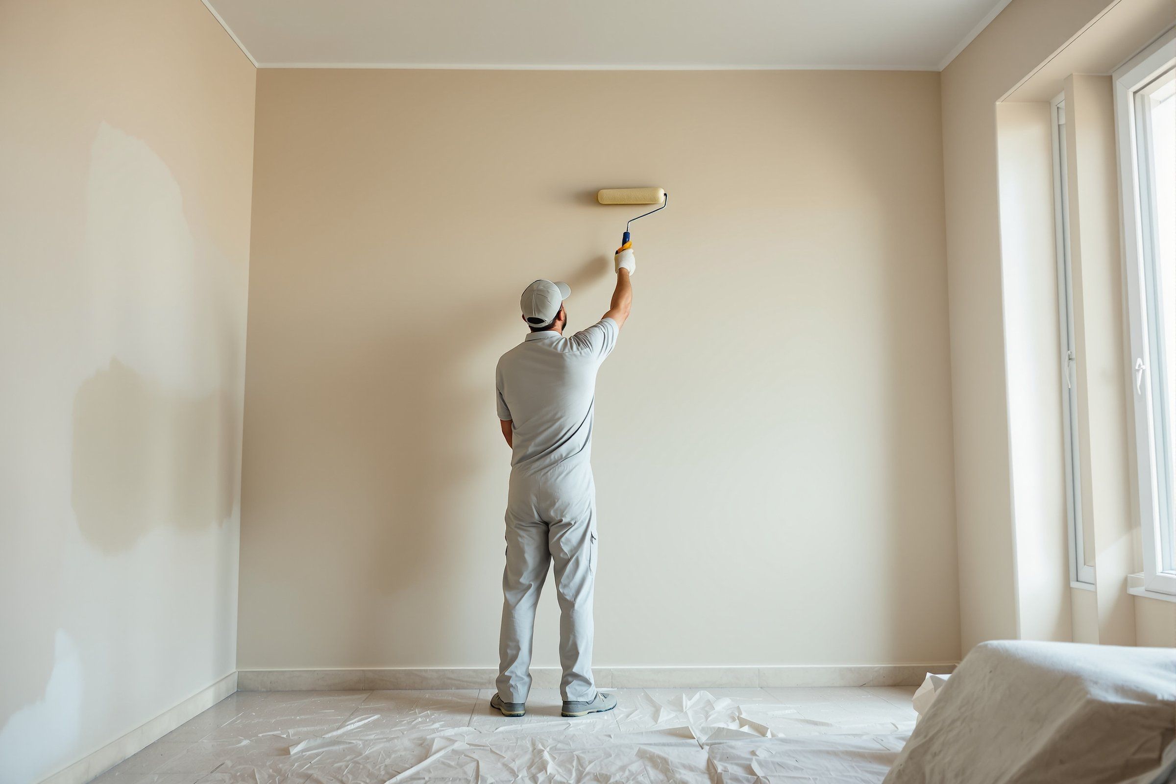 Pintor de espaldas pintando con rodillo la pared de un piso con el suelo protegido