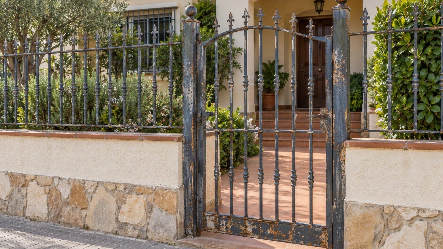 Valla y puerta de hierro de un chalet con óxido y pintura levantada