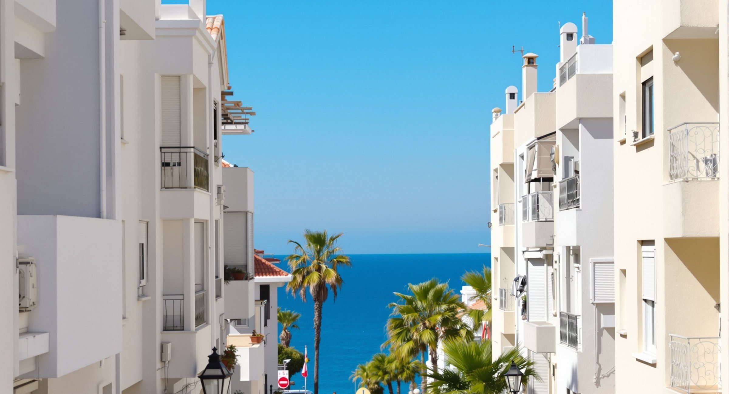 Calle de edificios blancos con palmeras y el mar al fondo